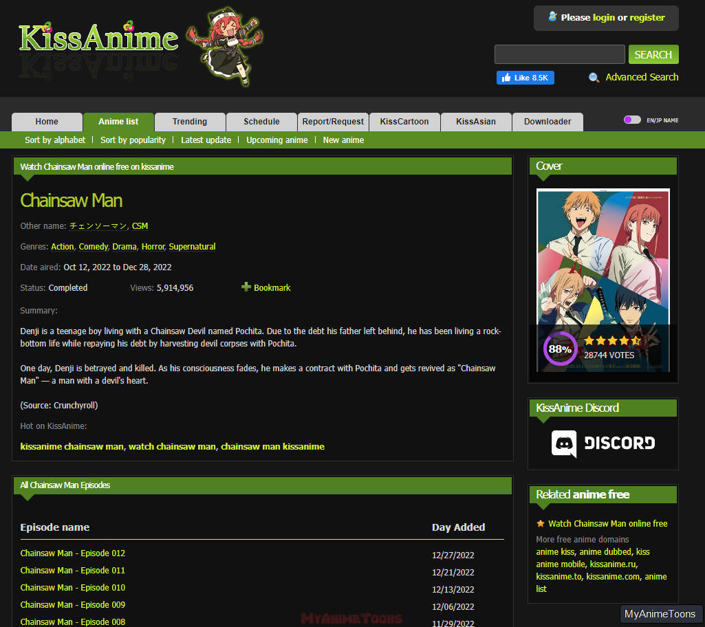 KissAnime Website Homepage View