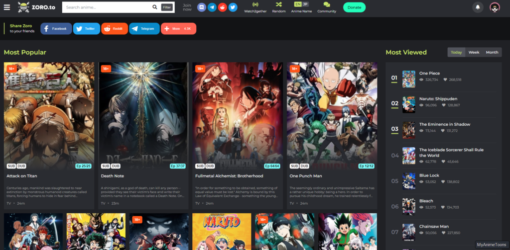 Zoro To Anime Website HomePage View